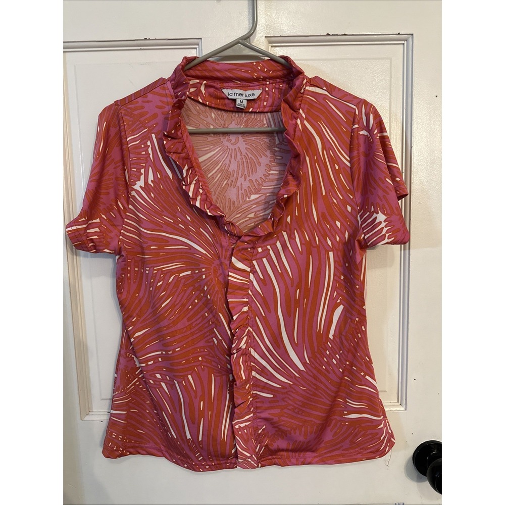 La Mer Luxe vibrant pink and orange tropical palm-print Ruffle Short Sleeves SzM